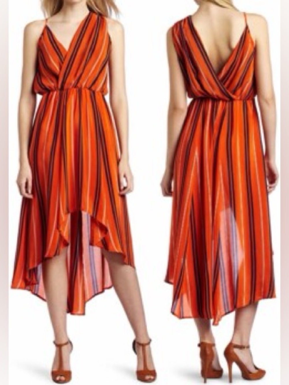Rebecca Minkoff Orange Navy Striped High-Low Midi Dress